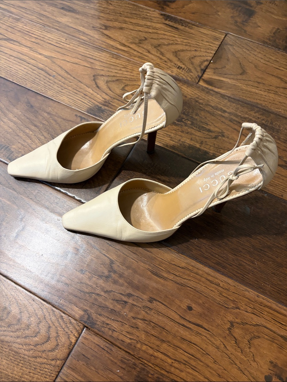 Gucci Cream Pointed-Toe Lace-Up Stiletto Heels